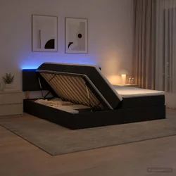 vidaXL LED Postelja za Shranjevanje z Blazino Črna 200 x 200 cm Blago