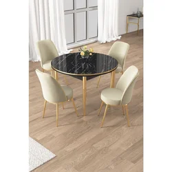 Hanah Home trpezarijski set Osle, sto i 4 stolice, ploča u dekoru crnog mermera, zlatne noge, krem tkanina Babyface