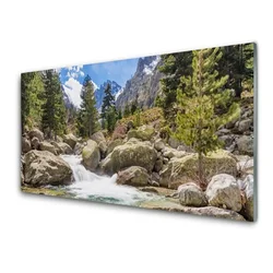 tulup.si Slika na steklu Stones river mountain forest 100x50 cm 4 obešalnika