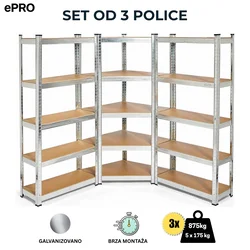 ePRO metalna montažna polica SET 1 kom ugaona 180x70x30 + 2 kom standardne 180x90x30, metal-drvo