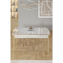 Hanah Home trpezarijski sto na razvlačenje Rada, 132 × 80 cm (razvučen 170 cm), ploča u dekoru belog mermera, zlatne noge