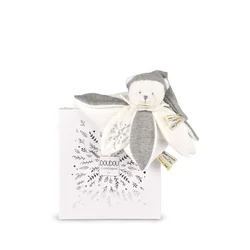 Doudou Darilni set Plišasti crkljivček medvedek s kapico 25 cm siv