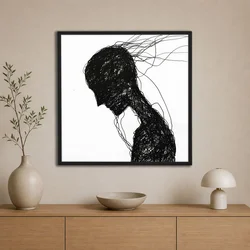 WallXpert uramljena slika na platnu Cc-K-Sy-1026, crna silueta pognute figure od linija na beloj pozadini, 60 x 60 cm