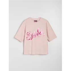 Sinsay - Pamučna majica sa natpisom Barbie - pastelno roze