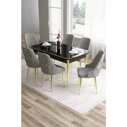 Hanah Home trpezarijski set Tia, sto i 6 stolica, ploča u dekoru crnog mermera, zlatne noge, siva tkanina Babyface