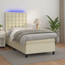 vidaXL Box spring postelja z vzmetnico LED krem 90x190 cm umetno usnje