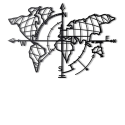 Wallity Zidna dekoracija World Map Compass Led, 65x95 cm, Crna