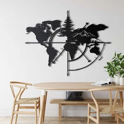 WallXpert metalni zidni ukras 5148, mapa sveta sa ružom kompasa, jelom i planinama, 98 x 75 cm, crni