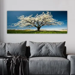 WallXpert slika na platnu YTY1233464, rascvetalo belo drvo na livadi pod plavim nebom, 30 x 80 cm