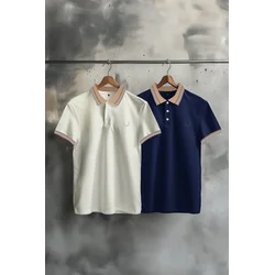 Trendyol Navy Blue-White 2 Pack Slim/Narrow Cut Deer Embroidered 100% Cotton Polo Neck T-Shirt