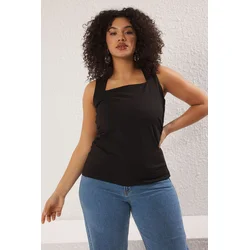 Trendyol Curve Black Plain Square Neck Strappy Gathered Knitted Blouse