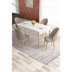 Hanah Home trpezarijski set Elf, sto na razvlačenje i 4 stolice, bela ploča, noge u prirodnoj boji drveta, kapućino tkanina Babyface