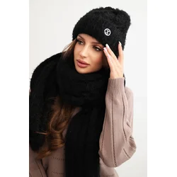 Kesi Womens set hat and scarf with ribbed texture and decoration black