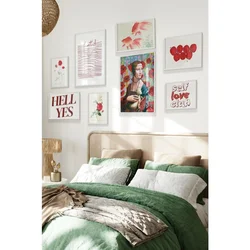 WallXpert set od 8 manjih uramljenih slika Çgs-042, crveno-beli motivi – dama sa hermelinom među bulkama, crvene ribice, ruže i natpisi, beli ram