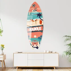 WallXpert dekorativna daska za surf od pleksiglasa Mvsf29M, ilustracija Havaja sa surferima, palmama i kombijem, 32 x 100 cm