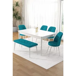 Hanah Home trpezarijski set Pir, sto, 4 stolice i klupa, bela ploča, tirkizna tkanina Babyface