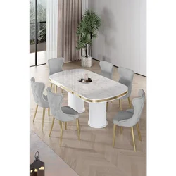 Hanah Home trpezarijski set Galya, sto i 6 stolica, ploča u dekoru belog mermera, zlatne noge, siva tkanina Babyface
