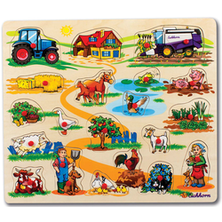 Lesena sestavljanka Pin Puzzle Eichhorn 21 oblik za vstavljanje s sličicami safari kmetija in prevozna sredstva od 24 mes