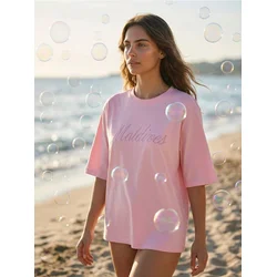 Sinsay - Pamucna majica sa izvezenim natpisom Maldives - pastelno roze