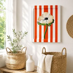 WallXpert ručno slikana uljana slika na platnu YBC11921, beli cvet na crveno-belim prugama, 26 x 36 cm