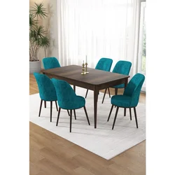 Hanah Home trpezarijski set Pir, sto i 6 stolica, ploča u dekoru drveta Baroque, tirkizna tkanina Babyface