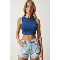 Happiness Istanbul Womens Navy Blue Barbell Neck Crop Knitted Blouse