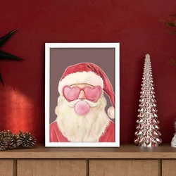 WallXpert novogodišnja uramljena MDF slika 3752CHRCT-015, Deda Mraz sa naočarima u obliku srca i balonom od žvake na sivoljubičastoj pozadini, 37 x 52 cm