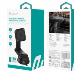 Auto držač za mobilni telefon sa bežičnim punjačem, Magnetni, 15W, Crni
