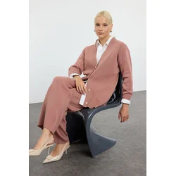 Trendyol Dusty Rose Pearl Buttoned Cardigan-Pants Knitwear Bottom-Top Set