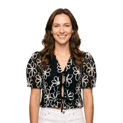 Fulgor Bluza Blusa Celinda com Bordados Florais e Amarraçao Frontal - Preto e Branco črna