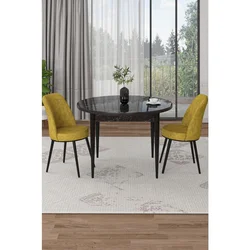 Hanah Home trpezarijski set Tor, sto i 2 stolice, ploča u dekoru crnog mermera, senf žuta tkanina Babyface