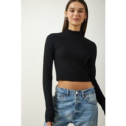 Happiness Istanbul Womens Black Turtleneck Corded Crop Knitted Blouse