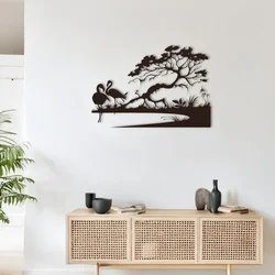 WallXpert metalni zidni ukras DCV-1052-MT, flamingosi ispod drveta na obali, 60 x 40 cm, crni