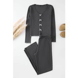 Trendyol Anthracite Cotton Lace and Ribbon/Bow Detailed Ribbed Knitted Pajama Set