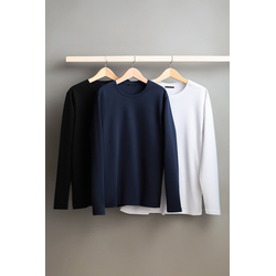 Trendyol Black-White-Navy Blue Regular/Normal Fit Long Sleeve 3-Pack Basic T-Shirt