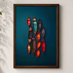 WallXpert uramljena MDF slika 3752KACT-032, šareni čamci na tamnotirkiznoj vodi, pogled odozgo, 37 x 52 cm