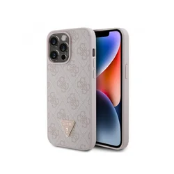 Guess Maska za iPhone 15 Pro Max LEATHER 4G TRIANGLE STRASS PINK