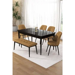 Hanah Home trpezarijski set Pir, sto, 4 stolice i klupa, ploča u dekoru crnog mermera, kapućino tkanina Babyface
