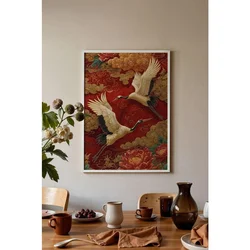 WallXpert uramljena slika 115252, dva ždrala u letu na crvenoj pozadini sa zlatnim oblacima, 50 x 70 cm, beli ram