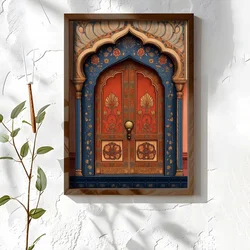 WallXpert uramljena MDF slika NAL045-70, crvena vrata sa zlatnim ornamentima u plavom orijentalnom luku, 50 x 70 cm