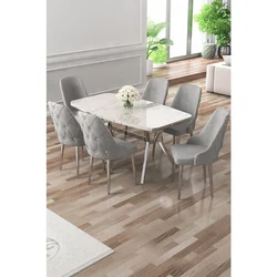 Hanah Home trpezarijski set Asel, sto i 6 stolica, ploča u dekoru belog mermera, hromirane noge, siva tkanina Babyface