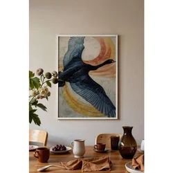 WallXpert uramljena slika 115235, crni labud u letu ispred zlatnonarandžastih krugova, 50 x 70 cm, beli ram