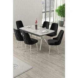 Hanah Home trpezarijski set Nis, sto na razvlačenje i 6 stolica, siva ploča Rampla, hromirane noge, crna tkanina Babyface