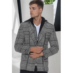 K7535 DEWBERRY MENS COAT-LIGHT PLAID BLACK