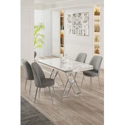Hanah Home Set Trpezarijski sto i 4 stolice, Sivo-beli