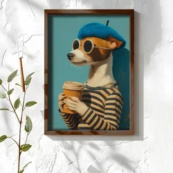 WallXpert uramljena MDF slika NAL145-70, pas sa beretkom i naočarima drži šolju kafe, 50 x 70 cm