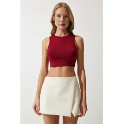 Happiness Istanbul Womens Burgundy Weightlifting Neck Crop Knitted Blouse