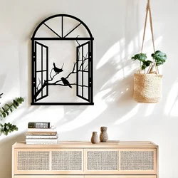 WallXpert metalni zidni ukras DCV-1023-MT, otvoren prozor sa pticama na grani, 50 x 35 cm, crni