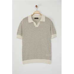 Trendyol Beige - Khaki Striped Limited Edition Relaxed Short Sleeve Polo Neck Knitwear T-shirt