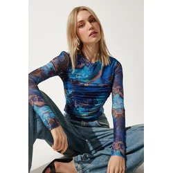 Happiness Istanbul Womens Blue Light Transparent Crop Tulle Knitted Blouse